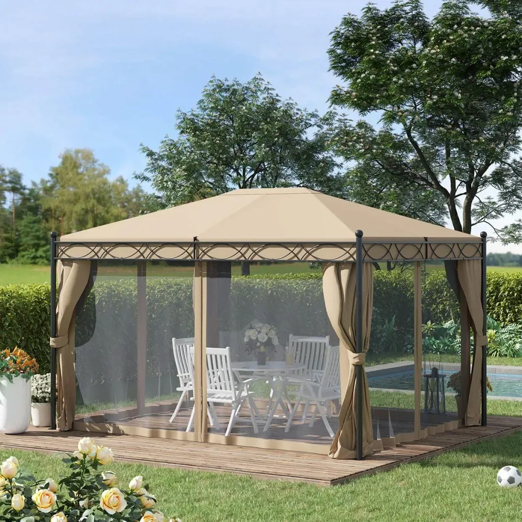 Pavillon mit Seitenwänden und Moskitonetz, Beige, 4 x 3 m