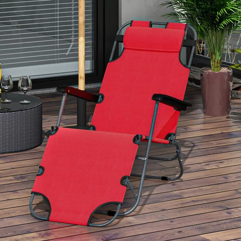 Sonnenliege mit Kissen, Klappbare Strandliege, 2-Stufige Gartenliege , 2-in-1 Relaxliege, Metall + Oxfordstoff, Rot 135