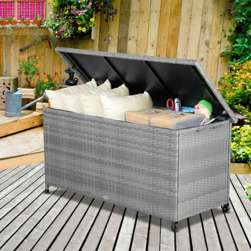 Aufbewahrungsbox Garten Poly Rattan Wasserdicht rollbar grau 122x56x61 cm