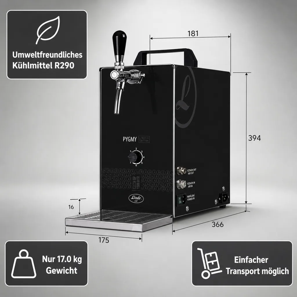 Zapfanlage, Bierzapfanlage PYGMY 25/K LIMITED EDITION mit Membranpumpe, 1-leitig Trockenkühlgerät aus Edelstahl, 35 Liter/h, Green Line