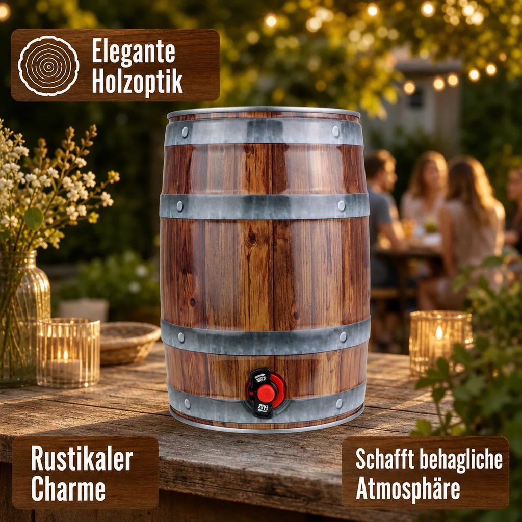 5L Partyfass mit Zapfhahn, Holzoptik