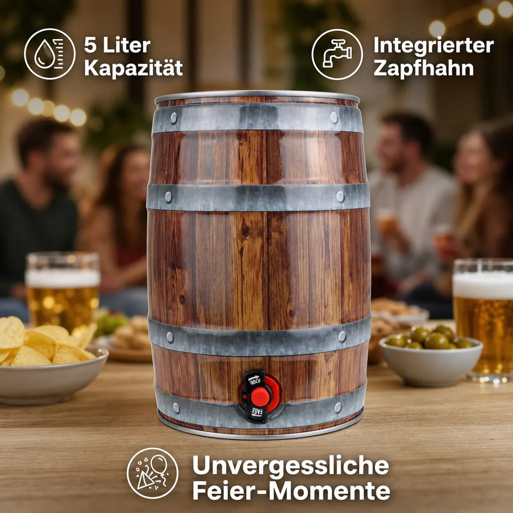 5L Partyfass mit Zapfhahn, Holzoptik