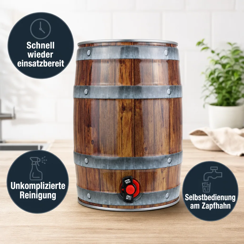 5L Partyfass mit Zapfhahn, Holzoptik
