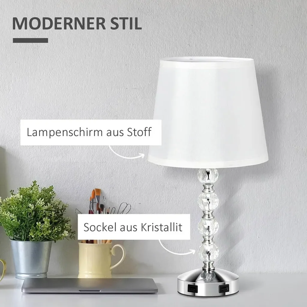 Nachttischlampe Kristall Tischlampe mit Schalter Touch Stoffschirm Tischleuchte E27-Fassung für Wohnzimmer Schlafzimmer