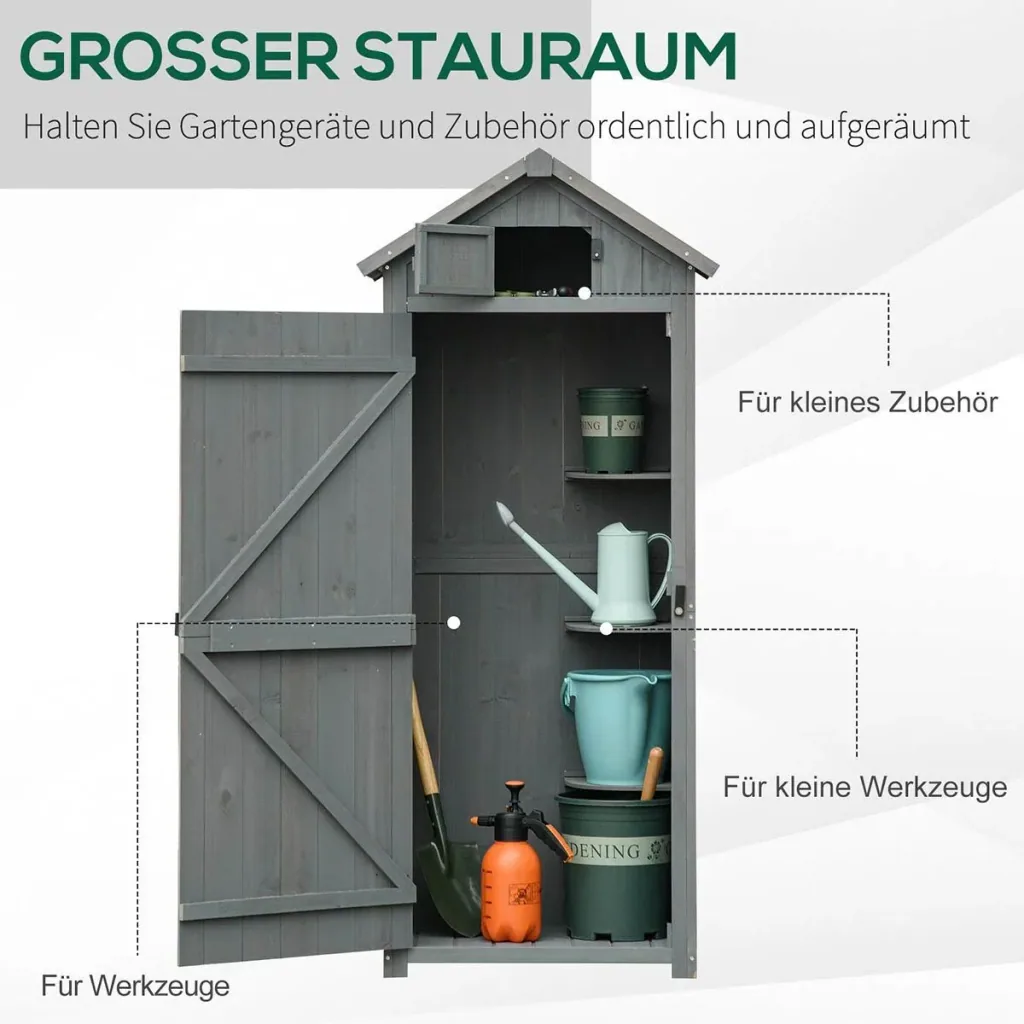 Gartenschrank Gartenhaus Gerätehaus Geräteschuppen mit Fachböden Asphaltdach Fenster Holz Grau+Grün 77 x 54,2 x 179 cm