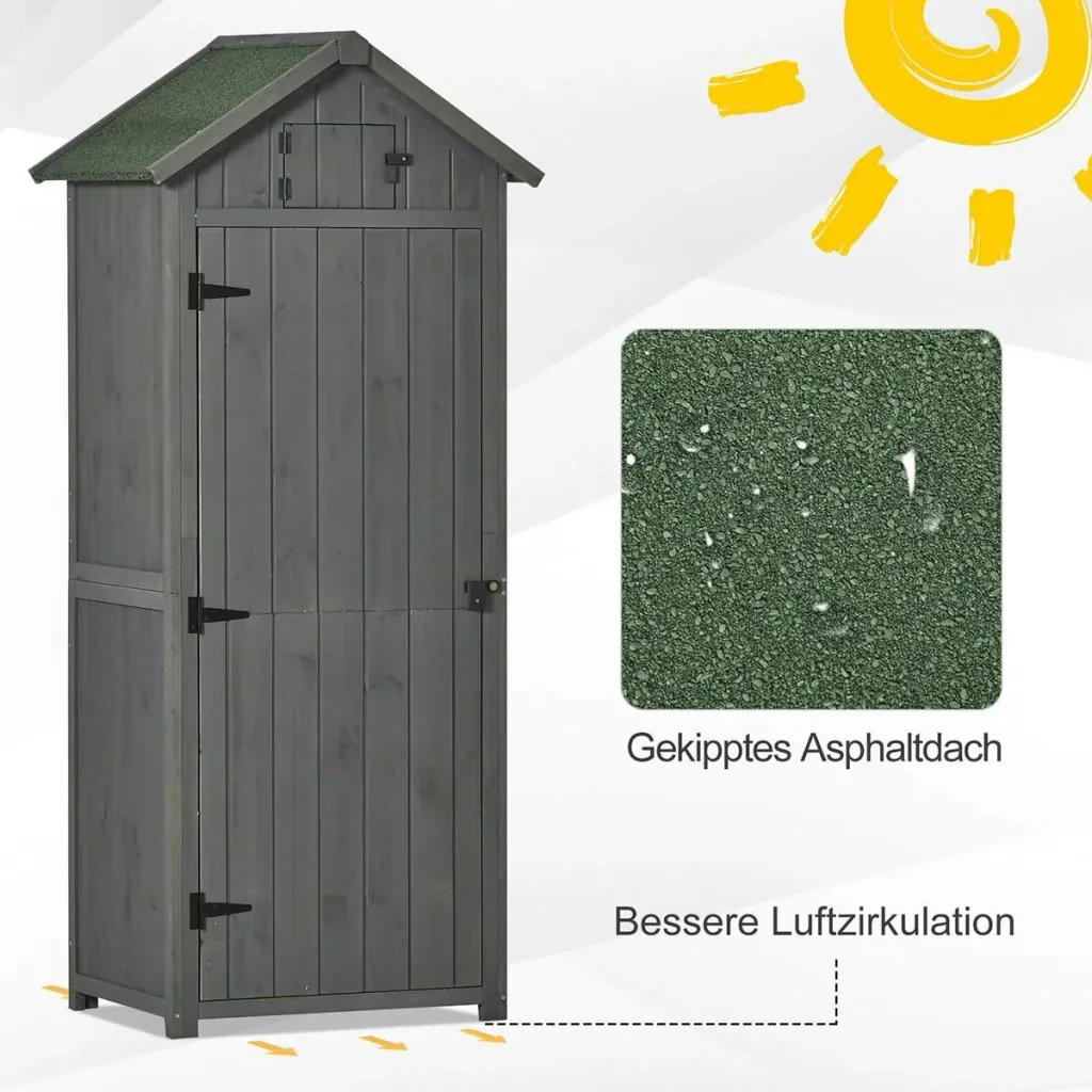Gartenschrank Gartenhaus Gerätehaus Geräteschuppen mit Fachböden Asphaltdach Fenster Holz Grau+Grün 77 x 54,2 x 179 cm
