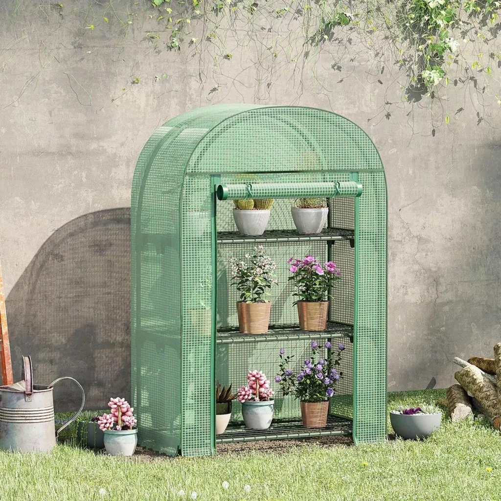 Foliengewächshaus Balkon mit 3 Regalen Mini-Gewächshaus Tomatenhaus Pflanzenhaus Frühbeet Metall grün 80 x 49 x 120 cm