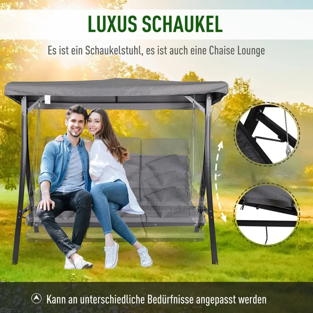 Hollywoodschaukel, 3-Sitzer Gartenschaukel, Schaukelbank, Verstellbares Sonnendach, Texteline Grau 200 x 115 x 168 cm
