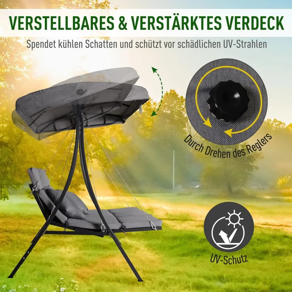 Hollywoodschaukel, 3-Sitzer Gartenschaukel, Schaukelbank, Verstellbares Sonnendach, Texteline Grau 200 x 115 x 168 cm