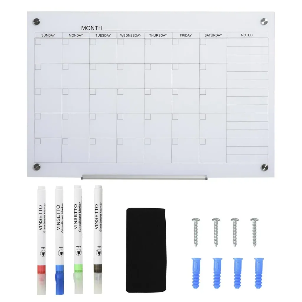 Kalendertafel Glasplatte mit 4 Glasclip Marker Radiergummi Aluminium-Stifthalter Magnettafel für Monatsplanungen magneti