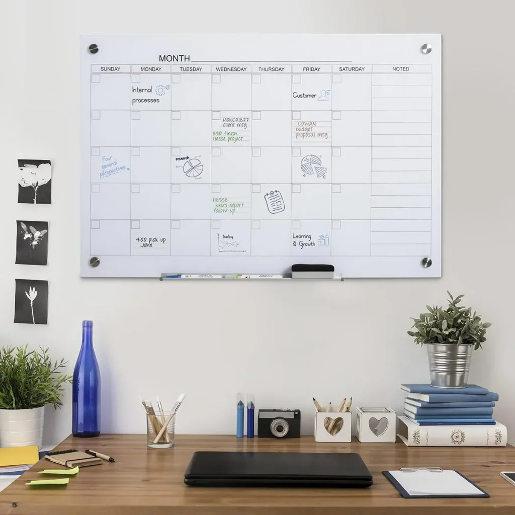 Kalendertafel Glasplatte mit 4 Glasclip Marker Radiergummi Aluminium-Stifthalter Magnettafel für Monatsplanungen magneti