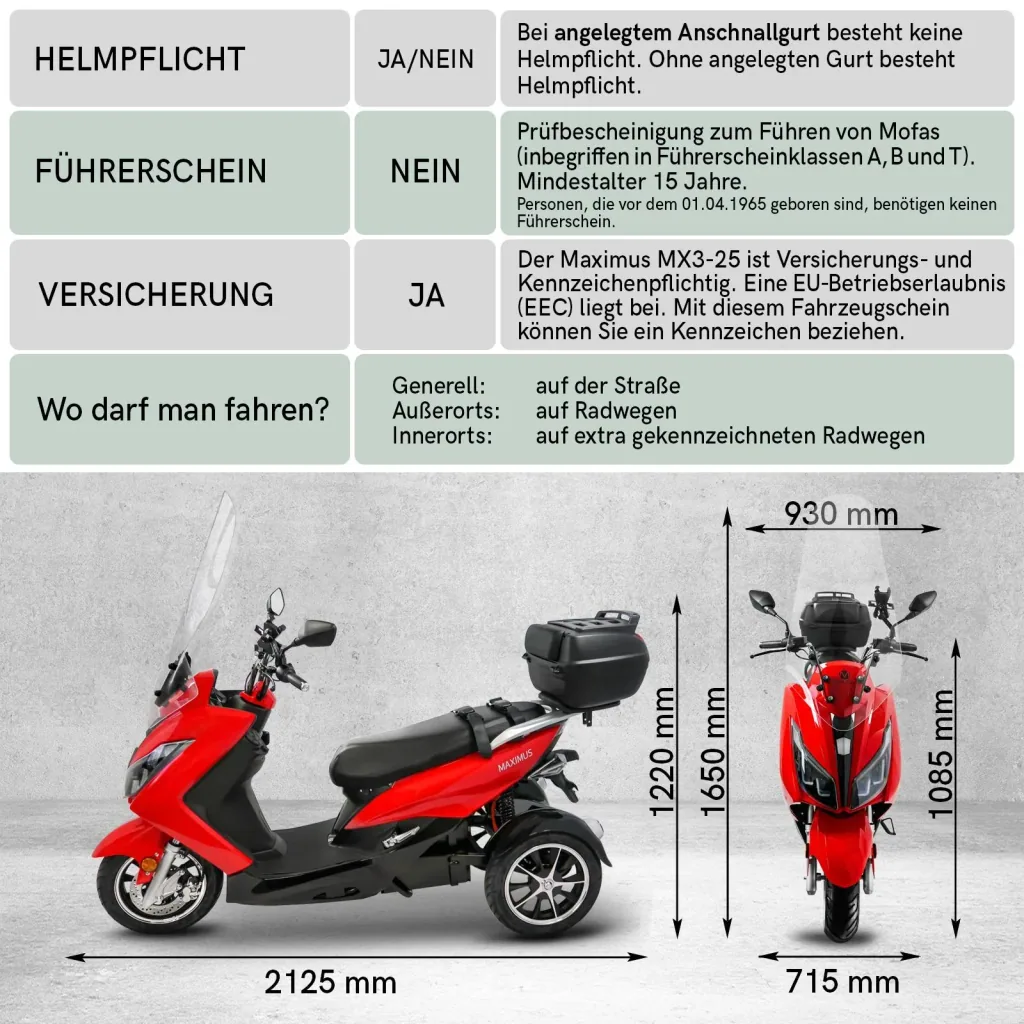Maximus MX3-25 3 Rad Elektromobil 60V 32,5 AH Lithium Akku 1500W Motor 2 Personen Zulassung mit Topcase