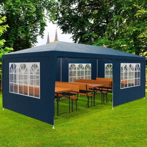 Partyzelt Riminimet Seitenwände und Rundbogenfenster - blau - 3x6m