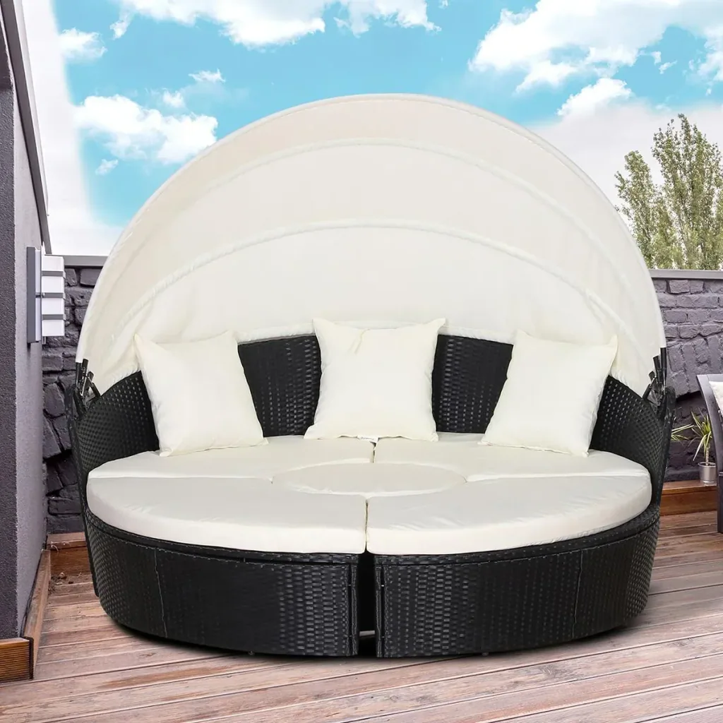 Rattan Sonneninsel, Loungegruppe mit Sonnendach, Sitzgruppe, Kissen und Beistelltisch, Metall, Creme, 180 x 175 x 147 cm