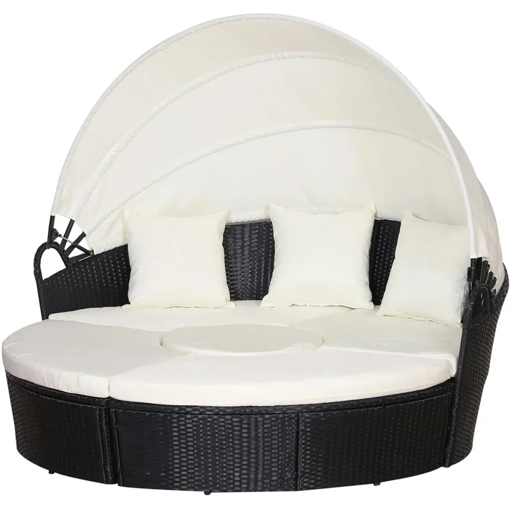 Rattan Sonneninsel, Loungegruppe mit Sonnendach, Sitzgruppe, Kissen und Beistelltisch, Metall, Creme, 180 x 175 x 147 cm