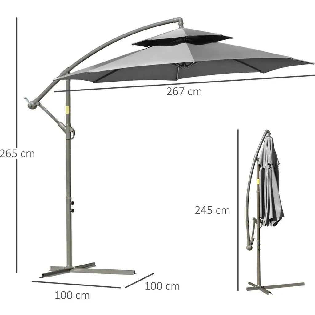 Sonnenschirm Ø2,67 x 2,7 m Doppelt überdachter schwingender Sonnenschirm Kreuzfuß Stahl Outdoor Polyester Stahl Hellgrau