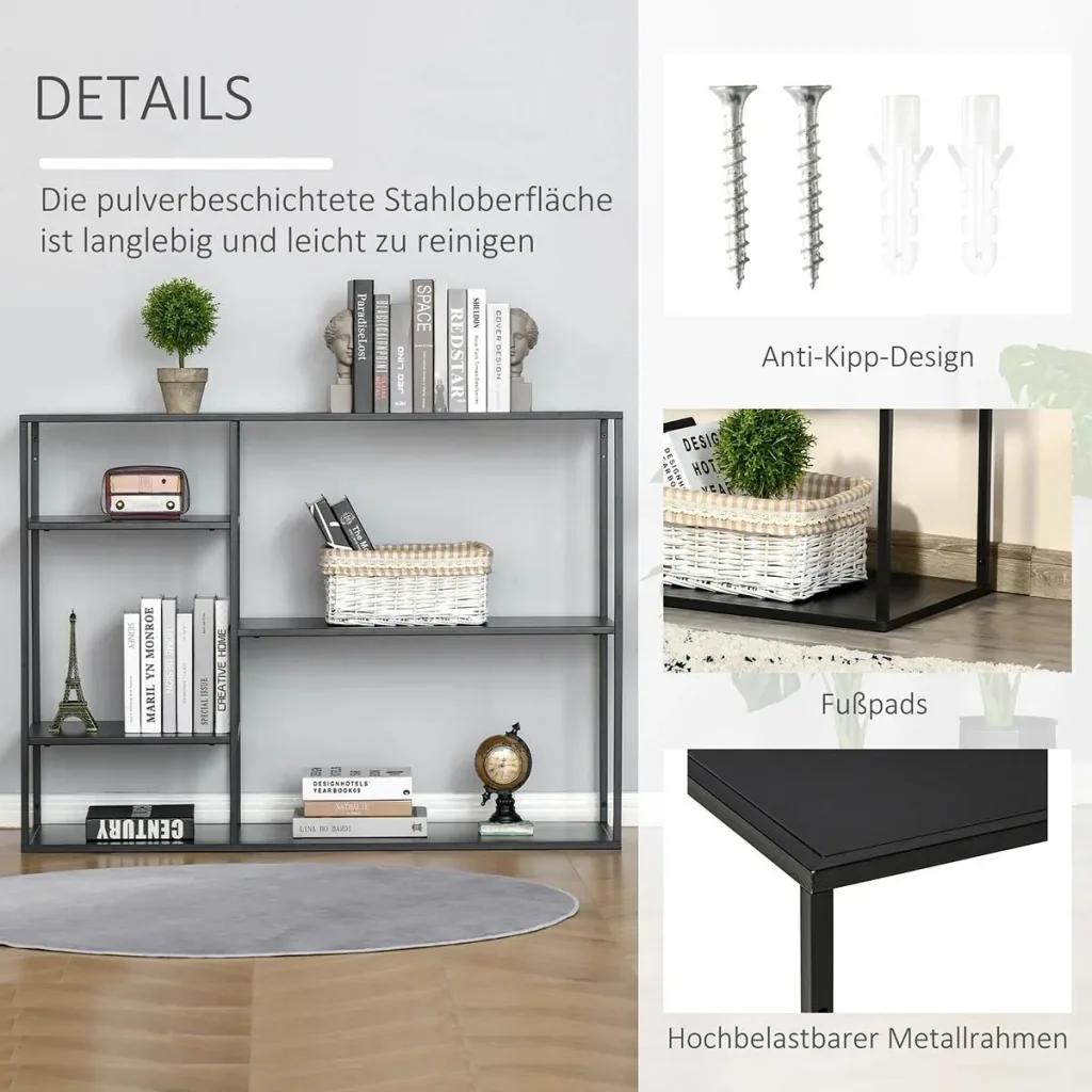 Standregal Bücherregal Lagerregal Aktenregal mit 5 offenen Fächern Küchenregal Metall Schwarz 120 x 35 x 87,5 cm