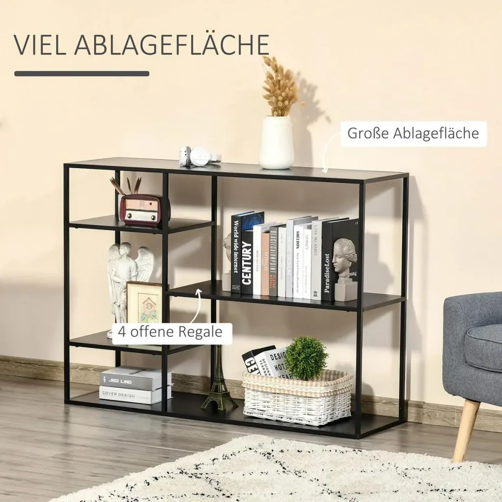 Standregal Bücherregal Lagerregal Aktenregal mit 5 offenen Fächern Küchenregal Metall Schwarz 120 x 35 x 87,5 cm