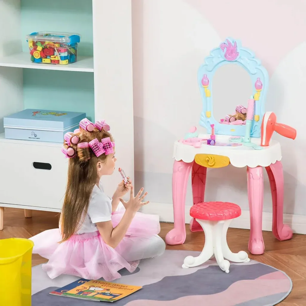 20 tlg. Kinderschminktisch mit Hocker Haartrockner Frisiertisch Musik Licht Spielzeug für 3-6 Jahren Kinder Kunststoff R