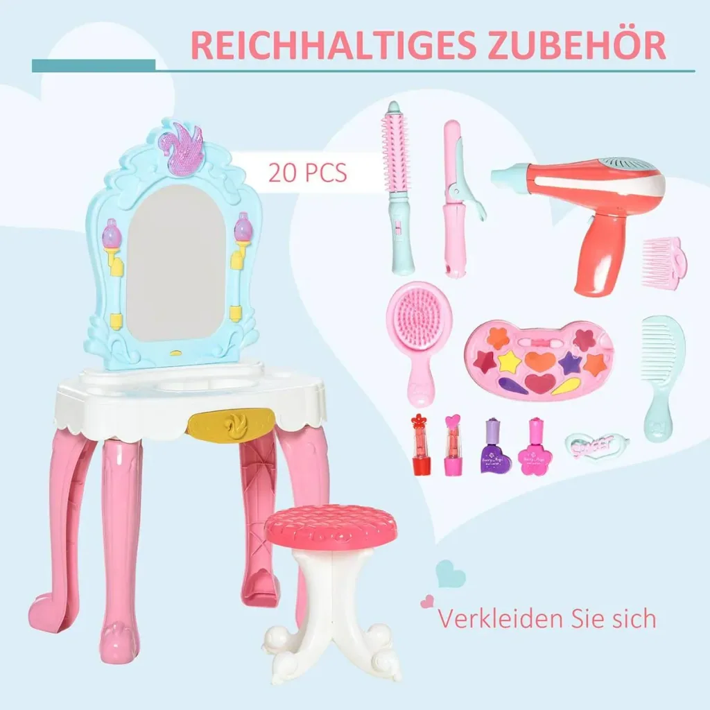 20 tlg. Kinderschminktisch mit Hocker Haartrockner Frisiertisch Musik Licht Spielzeug für 3-6 Jahren Kinder Kunststoff R