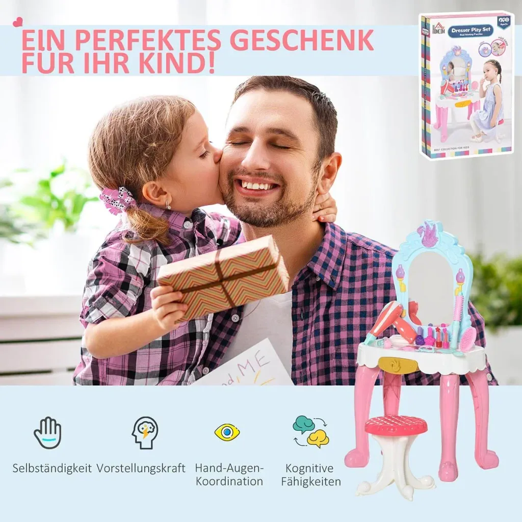 20 tlg. Kinderschminktisch mit Hocker Haartrockner Frisiertisch Musik Licht Spielzeug für 3-6 Jahren Kinder Kunststoff R