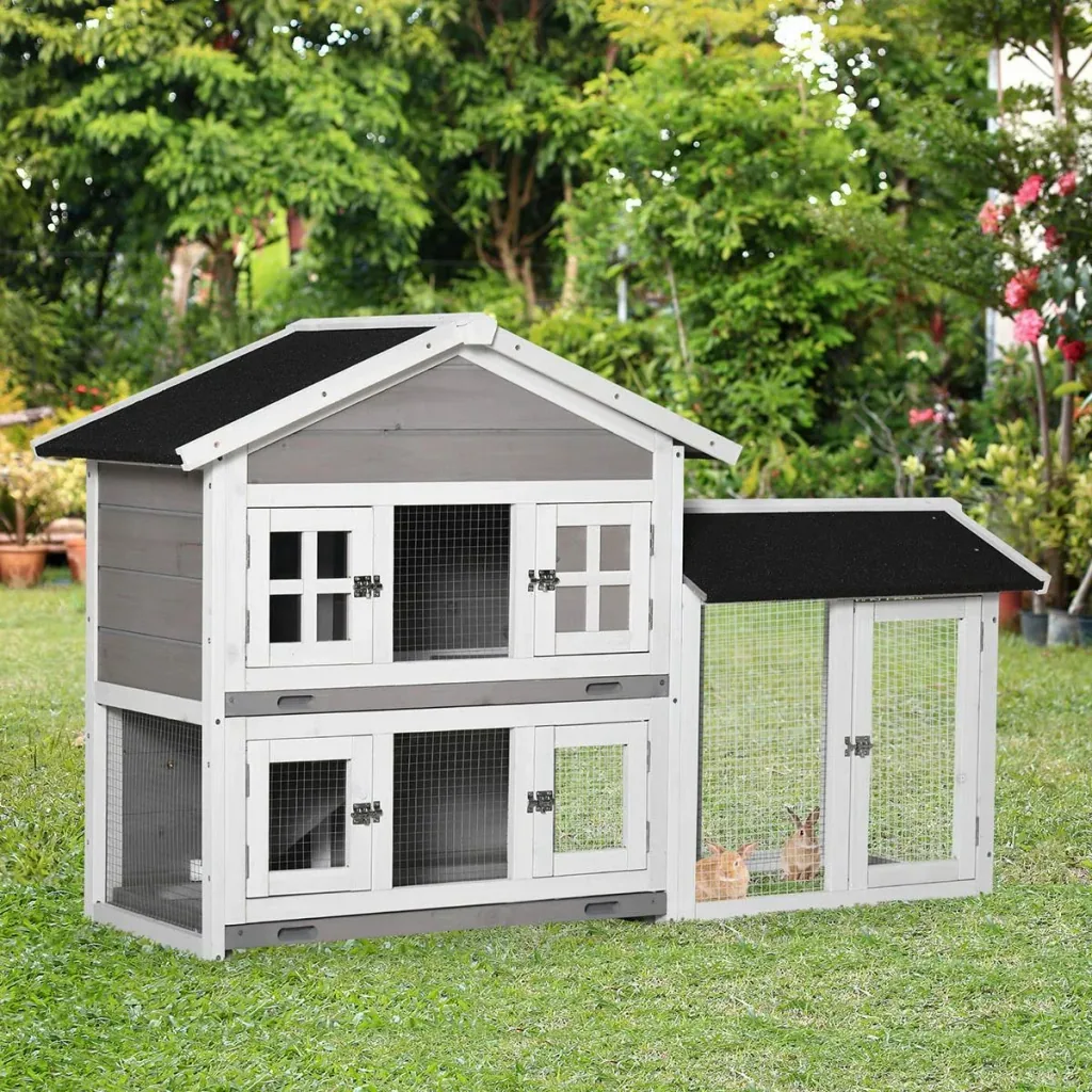 Kaninchenstall mit 2 Ebenen Herausnehmbare Bodenwanne Grau + Schwarz + Weiß 150 x 55 x 91 cm