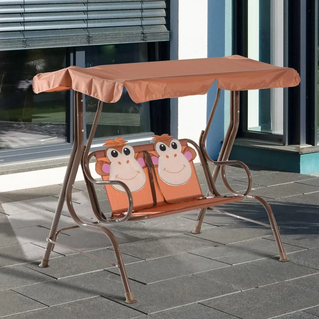 Kinder Gartenschaukel Doppelschaukel Schaukelbank in Affenmuster Metall + Oxfordstoff Braun 115 x 75 x 110 cm