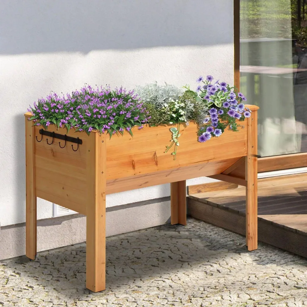 Hochbeet aus Holz Kräuterbeet Pflanzkasten mit Abflussloch Haken Blumenkasten mit Füßen Massivholz Natur 124 x 60 x 81 c