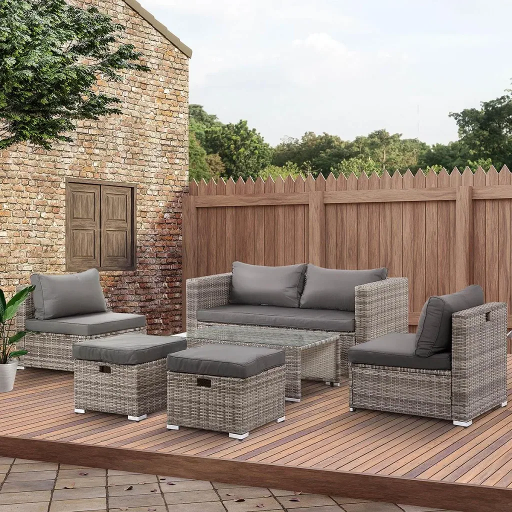 6-teiliges Lounge-Set in Rattanoptik, Metall+Polyester, grau