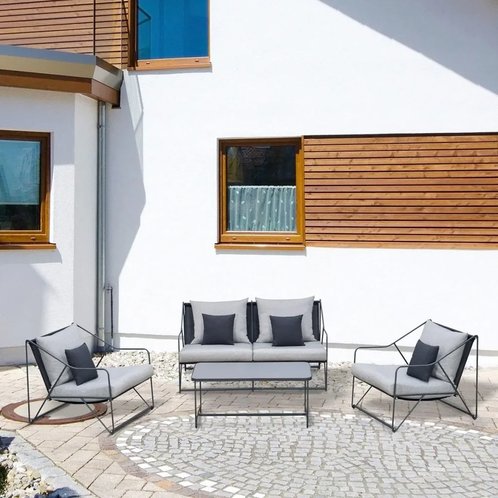4-tlg. Gartengarnitur Gartenmöbel-Set Gartenliege Gartenset Sitzgruppe mit Couchtisch Sofa mit Kissen Outdoor Metall Gra