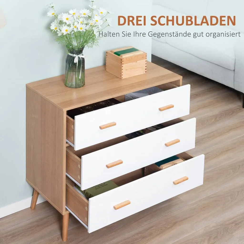 Kommode mit 3 Schubladen Sideboard Schubladenkommode Schrank Mehrzweckschrank Wohnzimmer Esszimmer Skandi-Design Weiß+Na
