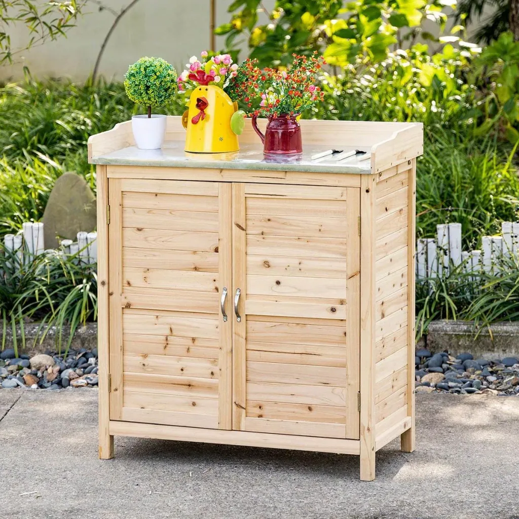 Gartenschrank Pflanztisch mit Unterschrank Holz Geräteschrank Schrank mit 2 Einlegeböden Geräteschuppen Garten Schuppen
