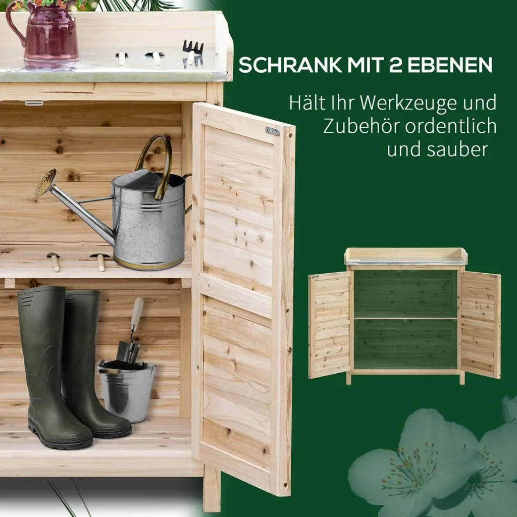 Gartenschrank Pflanztisch mit Unterschrank Holz Geräteschrank Schrank mit 2 Einlegeböden Geräteschuppen Garten Schuppen