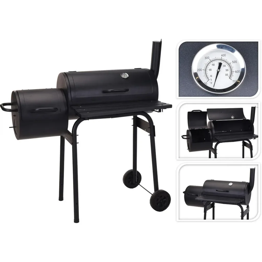 BBQ Grill - Smoker schwarz mit Thermostat und 3-teiligem BBQ Werkzeugset - Grillfläche 66 x 34 cm