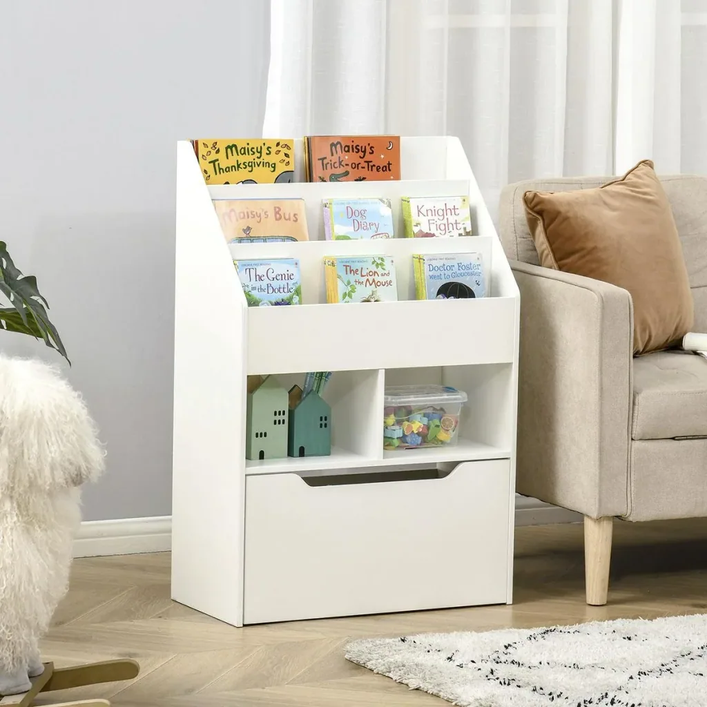 Kinderregal mit Schublade Standregal Bücherregal Dekoregal mit Fächer Weiß 60 x 29,9 x 90 cm