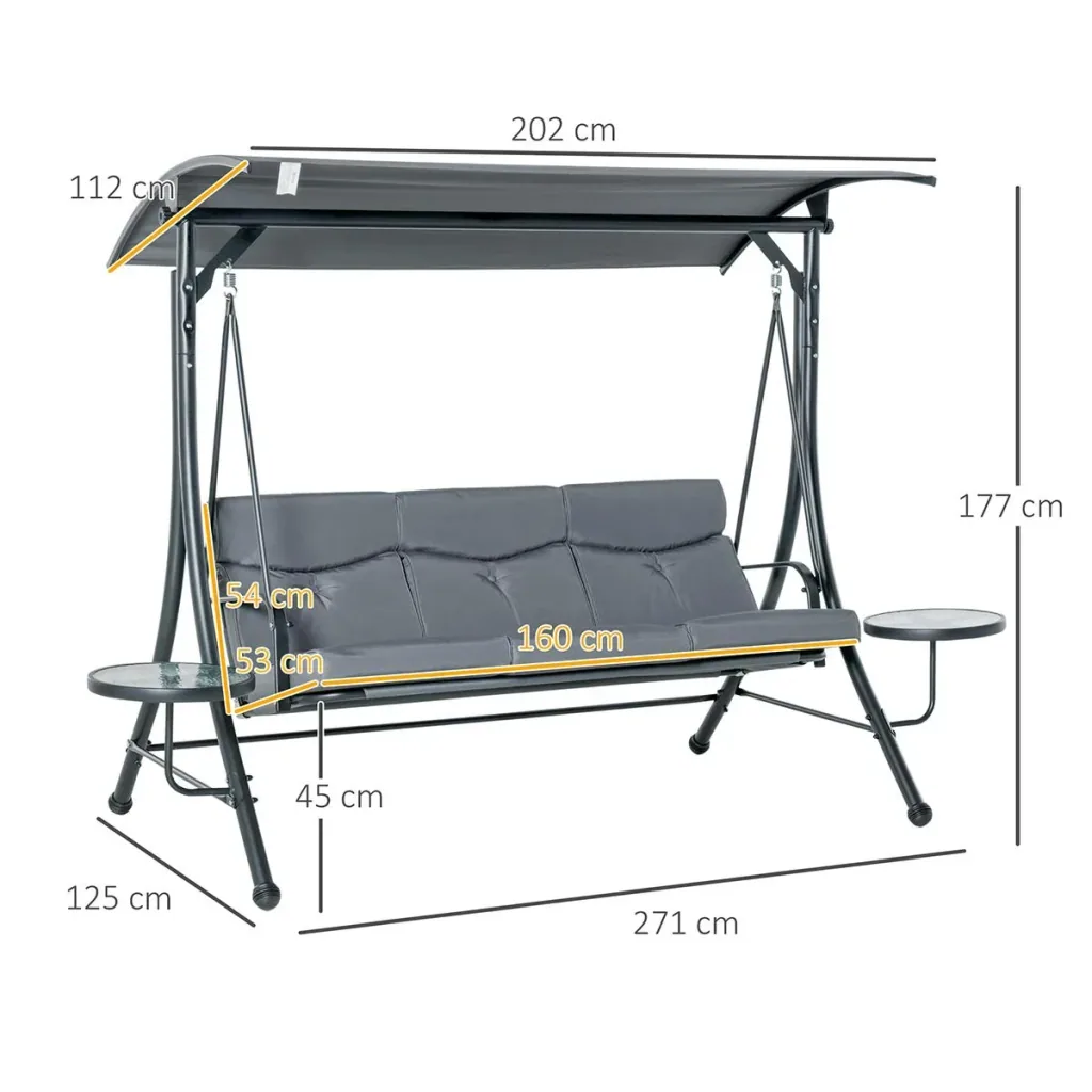 Hollywoodschaukel 3-Sitzer Gartenschaukel Schaukelbank mit verstellbarem Sonnendach Teetisch Stahl Polyester Grau+Schwar