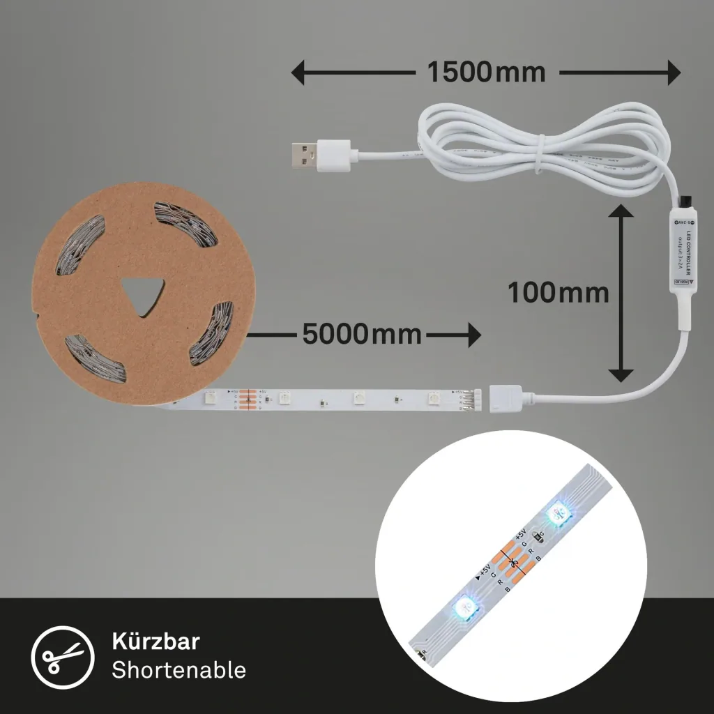 USB RGB-LED Flexband, 5 m, 150 RGB-LEDs, inkl.Fernbedienung, Farbwechsel, selbstklebend
