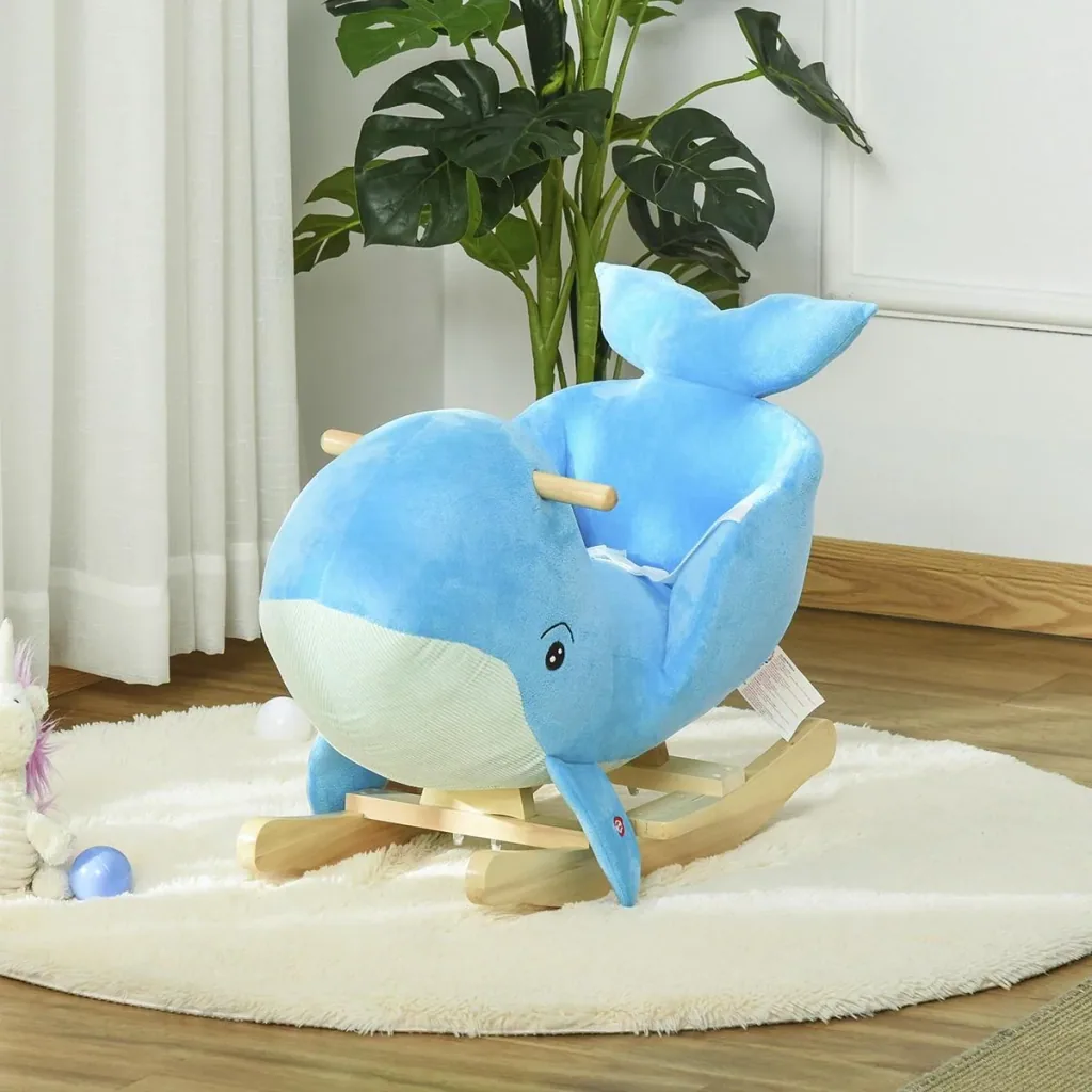 Schaukelpferd mit Wal-Design Sound Plüsch Schaukeltier Babyschaukel Spielzeug für 18-36 Monaten Kinder Pappelholz Blau 6