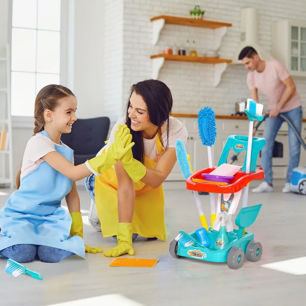 Reinigungswagen Besenwagen Putzwagen mit Zubehör 22 Stück Haushaltsspielzeug für Kinder von 3 bis 6 Jahren ABS PP-Kunsts