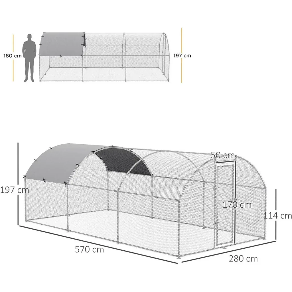 XXL Hühnerstall - verzinkter Stahl - mit Beschattungsanlage - 280 x 570 x 197 cm