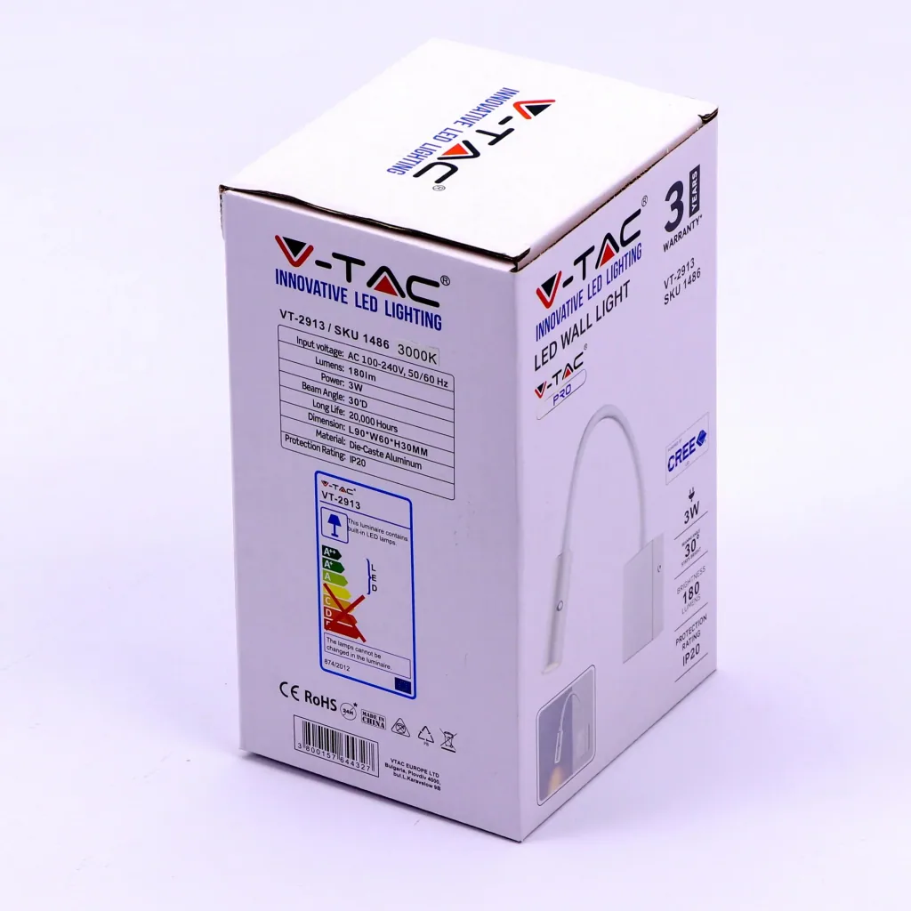 VT-2913 LED Leseleuchte - Wandleuchte - Weiß - 3W - 180 Lumen - 3000K - Ideal für neben Ihrem Bett