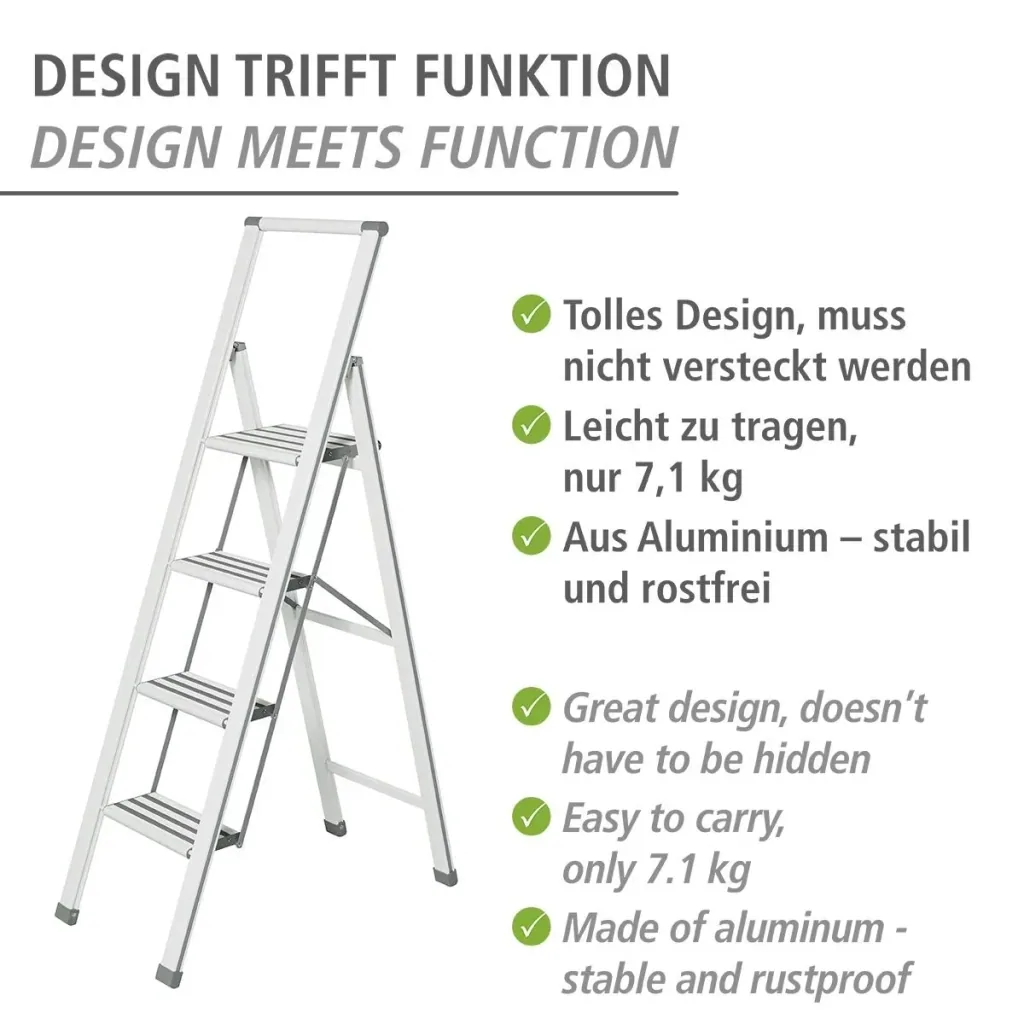 Alu-Design Klapptrittleiter 1-stufig Weiß, rutschfeste Haushaltsleiter, Sicherheits-Stehleiter