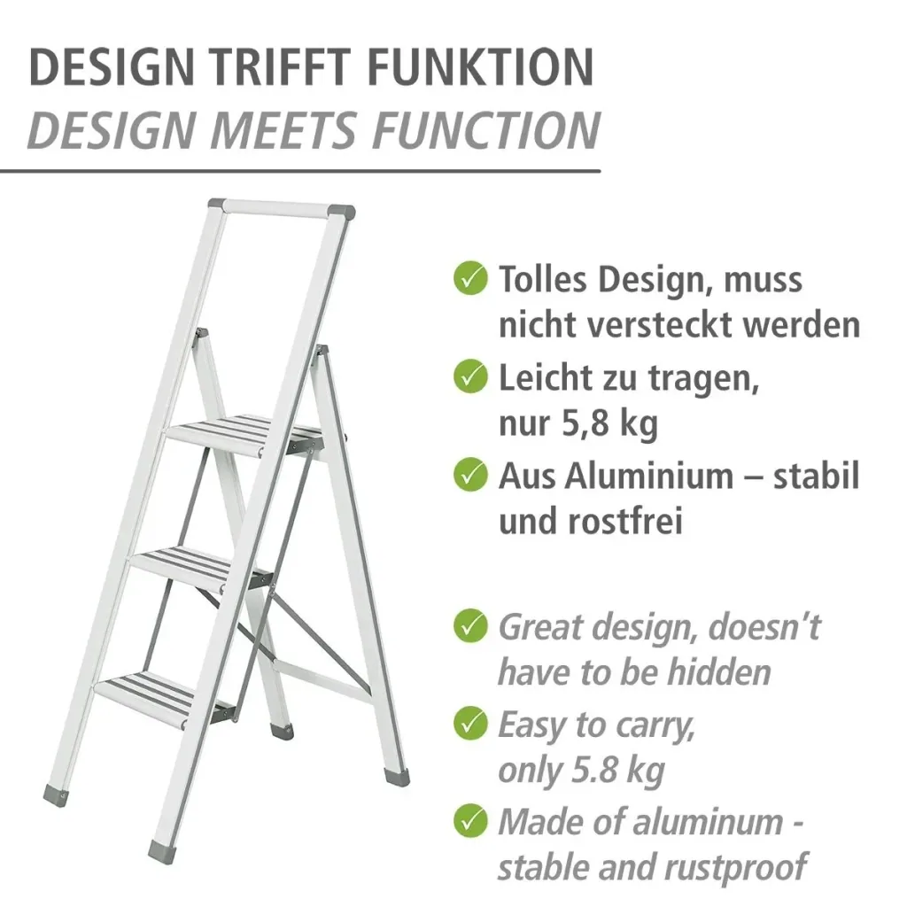 Alu-Design Klapptrittleiter 1-stufig Weiß, rutschfeste Haushaltsleiter, Sicherheits-Stehleiter