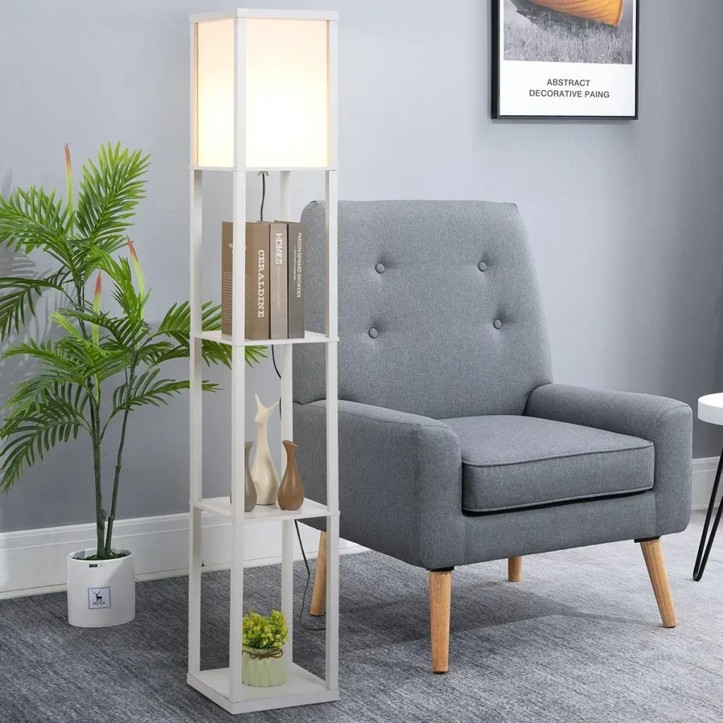 Stehleuchte Stehlampe mit 3 Regalen Innenbeleuchtung E27 bis 40W für Wohn-/Schlafzimmer E1-MDF, Acryl Weiß 26 x 26 x 160
