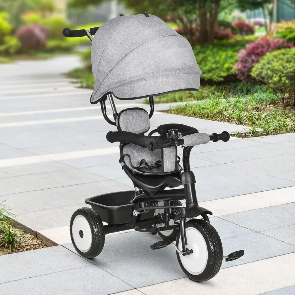 6 in 1 Kinderdreirad Dreirad Kinder Fahrrad Rad Kinderwagen Schubstange Sonnendach Sicherheitsgurt 6-60 Monate Grau+Schw