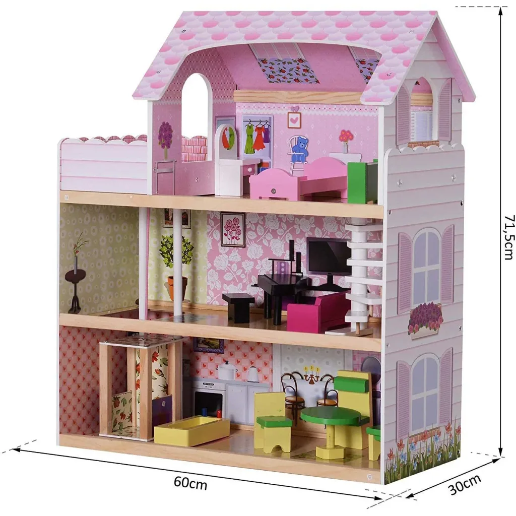 Kinder Puppenhaus Puppenstube Barbiehaus Dollhouse 3 Etagen mit Möbeln L60 x B30 x H71