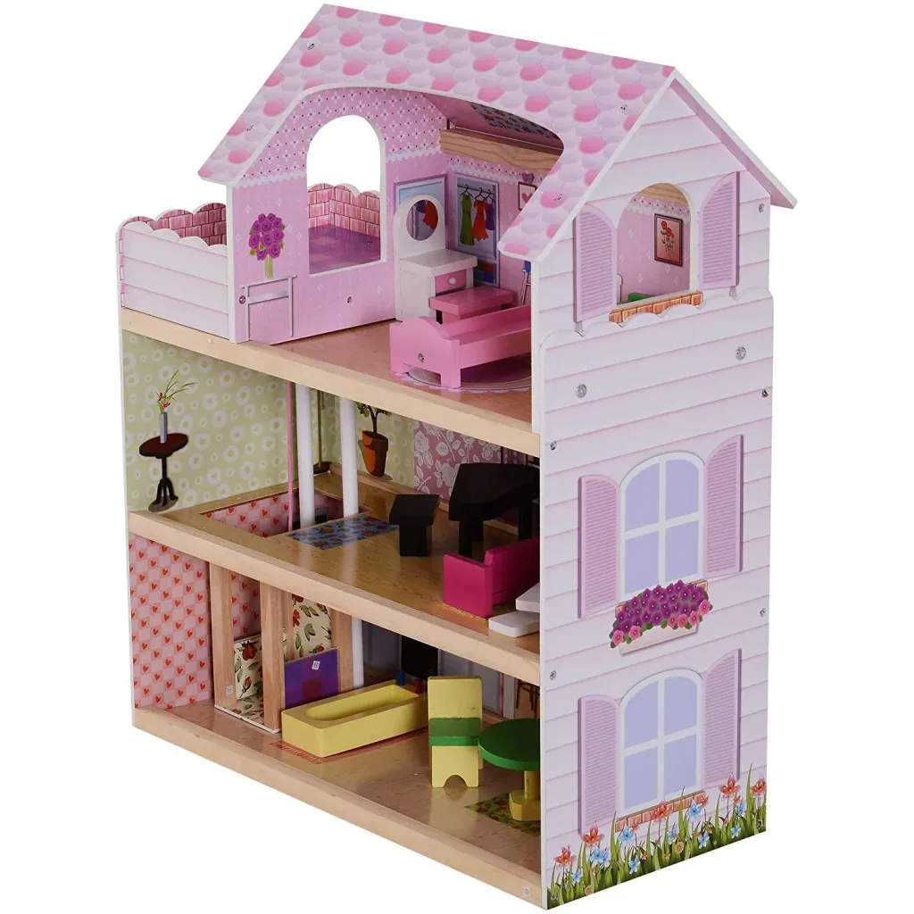 Kinder Puppenhaus Puppenstube Barbiehaus Dollhouse 3 Etagen mit Möbeln L60 x B30 x H71