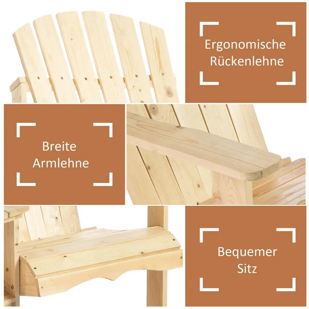 Adirondack Gartenstuhl mit Tisch und Schirmloch 2 Sitzer Gartensessel Sitzgruppe Gartenmöbel für Balkon Massivholz Natur
