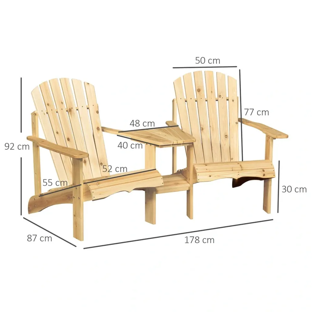 Adirondack Gartenstuhl mit Tisch und Schirmloch 2 Sitzer Gartensessel Sitzgruppe Gartenmöbel für Balkon Massivholz Natur
