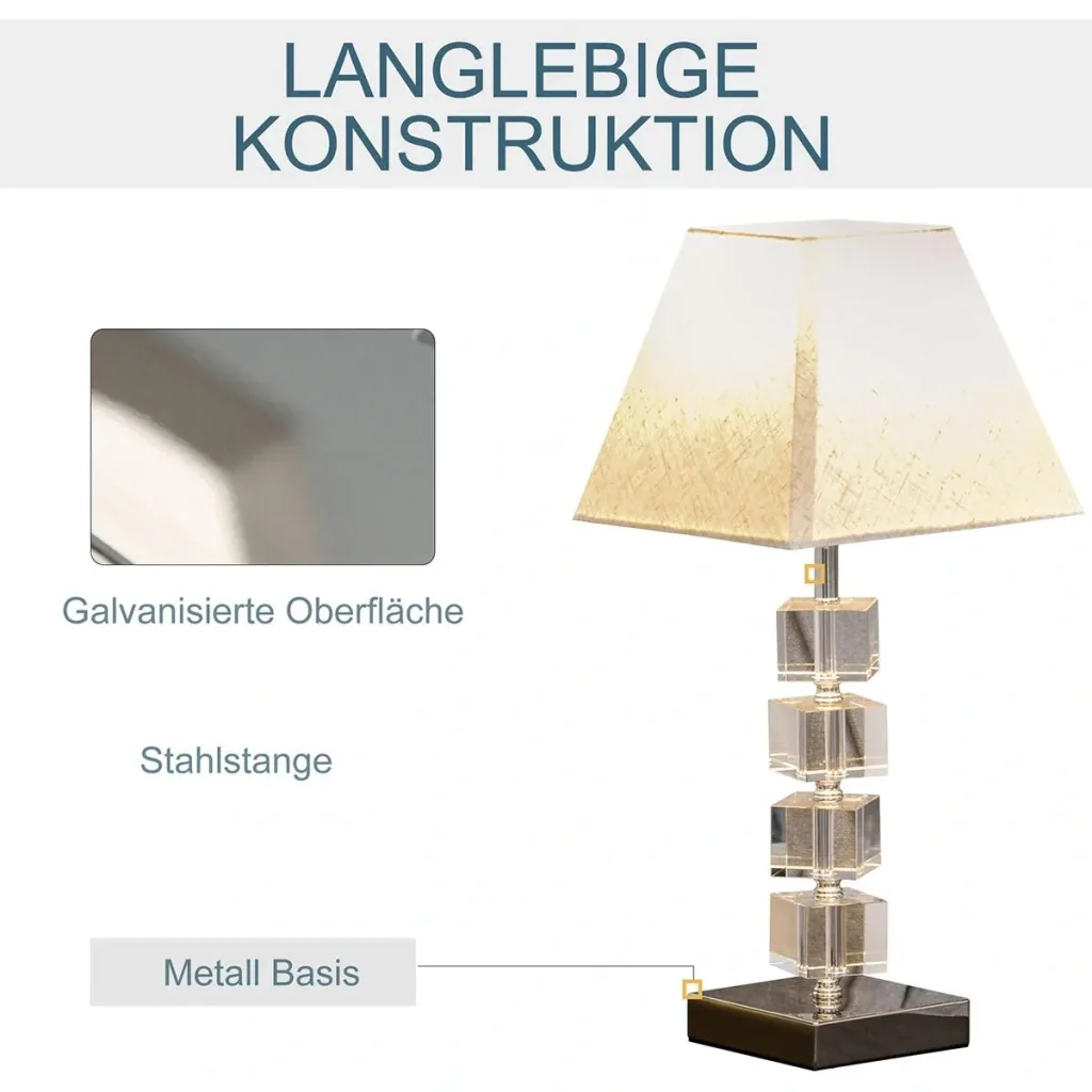 Tischlampe mit Kristallsockel cremeweiß